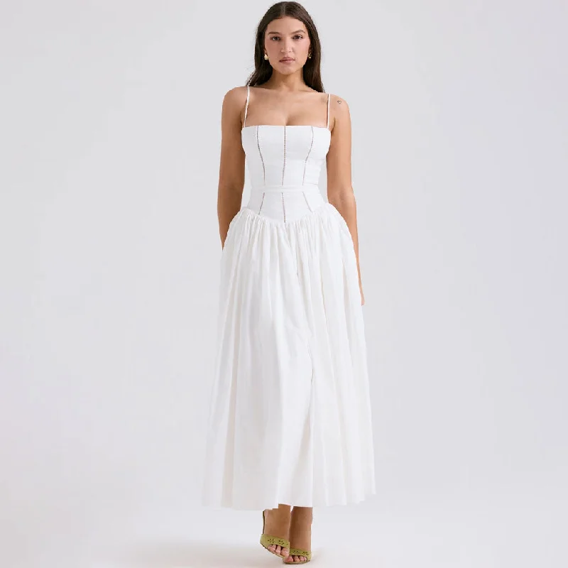 Scoop-Neck DressFrench Style Square Neck Spaghetti Strap Gathered Drop Waist Midi Sundress