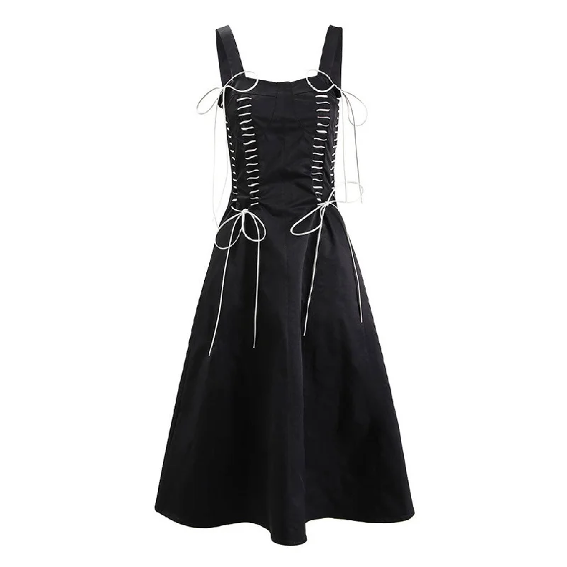 Party DressVintage Contrast Stitch Lace Up Bow Tie Bustier A Line Midi Sundress