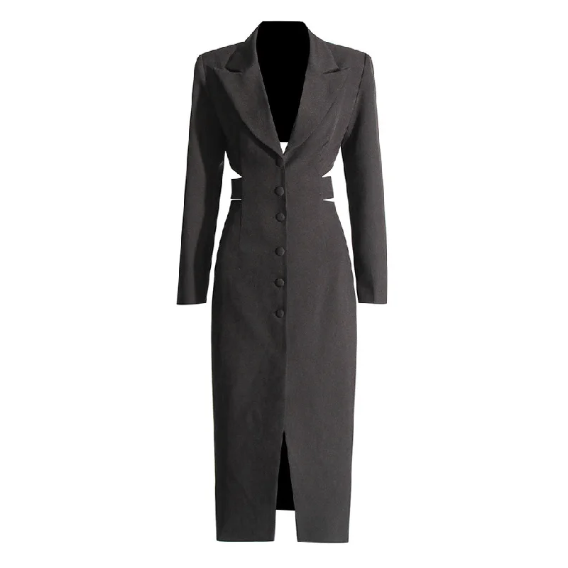 Tall Women DressSexy Lapel Single Breasted Belted Cinch Waist Long Sleeve Blazer Midi Dress