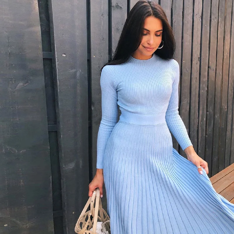 women's flowy dressesRibbed Long Sleeve High Neck Knit Pleated Midi Sweater Dress - Blue