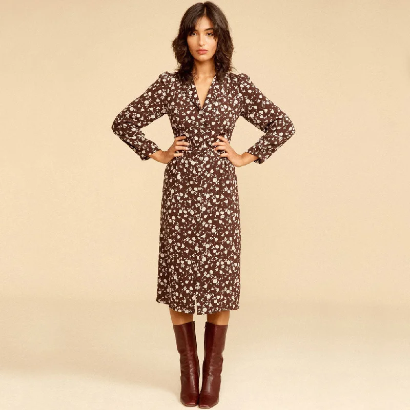 women's apple-shaped body dressesVintage Long Sleeve Button Front V Neck Midi Floral Dress - Coffee