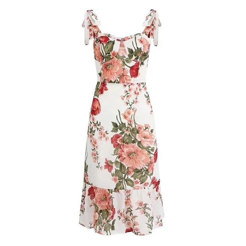 Solid Color DressSexy Bloom Floral Print Ruffle Sweetheart Neck High Waist Tie Shoulder Flowy Midi Sundress