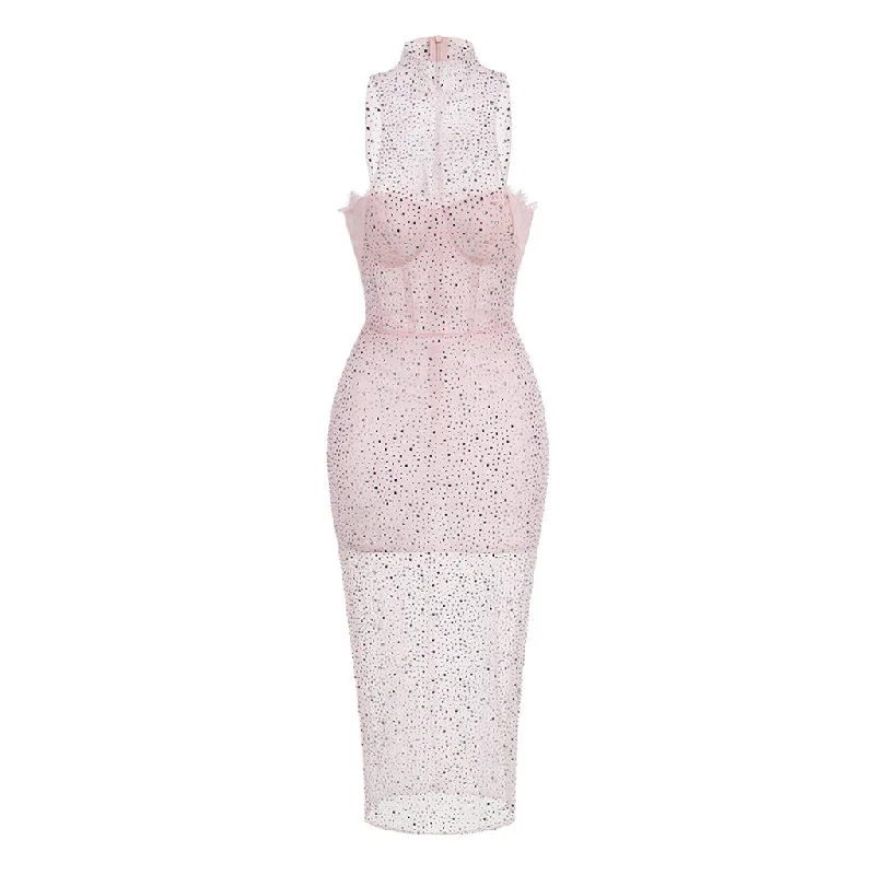 Bell-Sleeve DressSweet High Neck Bustier Sleeveless Sheer Rhinestone Mesh Midi Dress