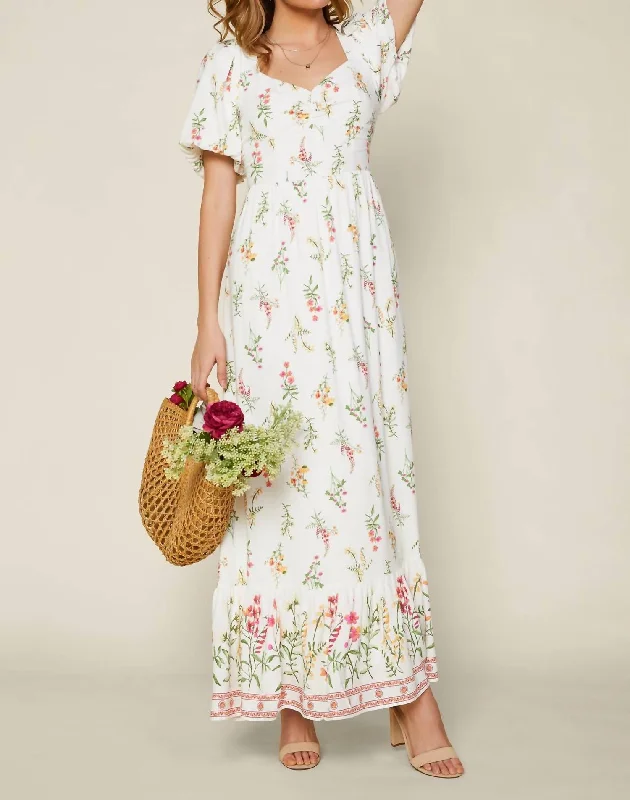 women's pastel dressesFloral Border Maxi Dress In Red Ivory