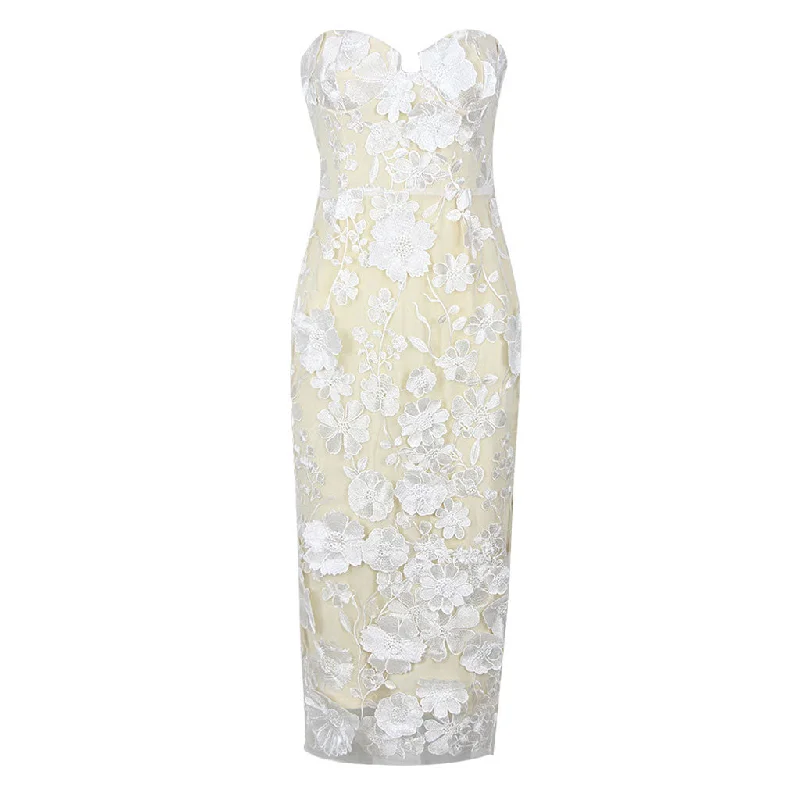 women's flowy dressesOpulent Notch Sweetheart Strapless Mesh Bodycon Embroidered Floral Midi Dress