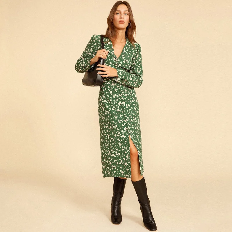 women's unique dressesVintage Long Sleeve Button Front V Neck Midi Floral Dress - Green