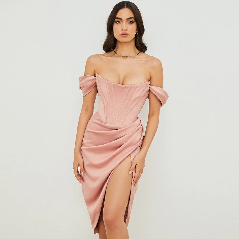 women's maximalist dressesSilky Satin Off Shoulder High Slit Drape Corset Midi Dress - Pink