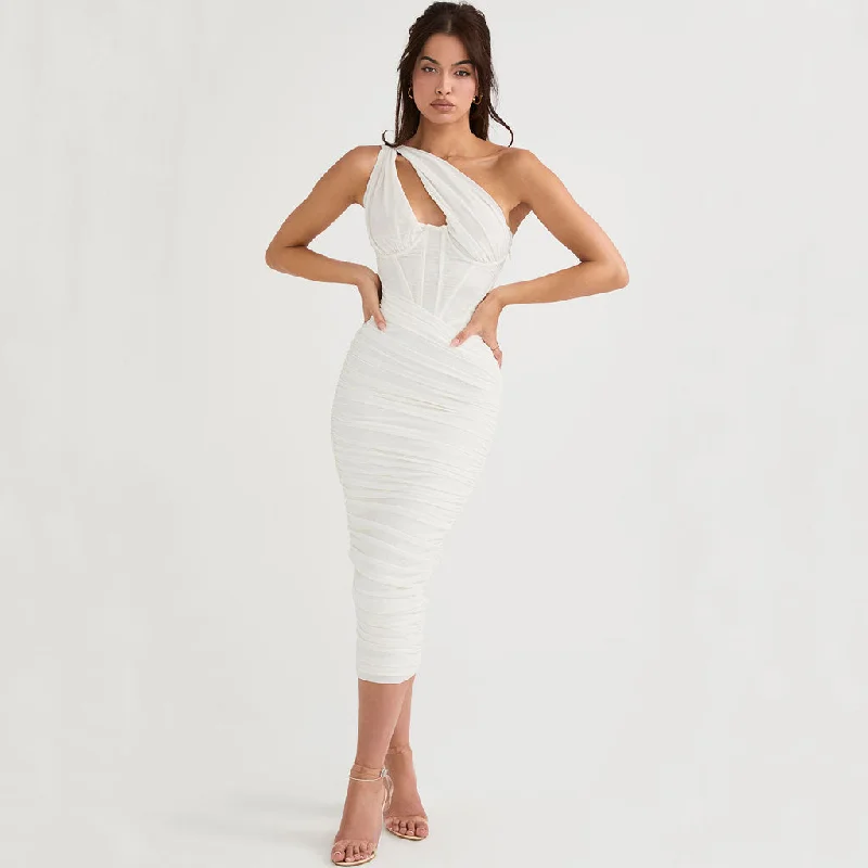 women's ethical fashion dressesAsymmetric One Shoulder Cutout Ruched Corset Mesh Midi Dress - White