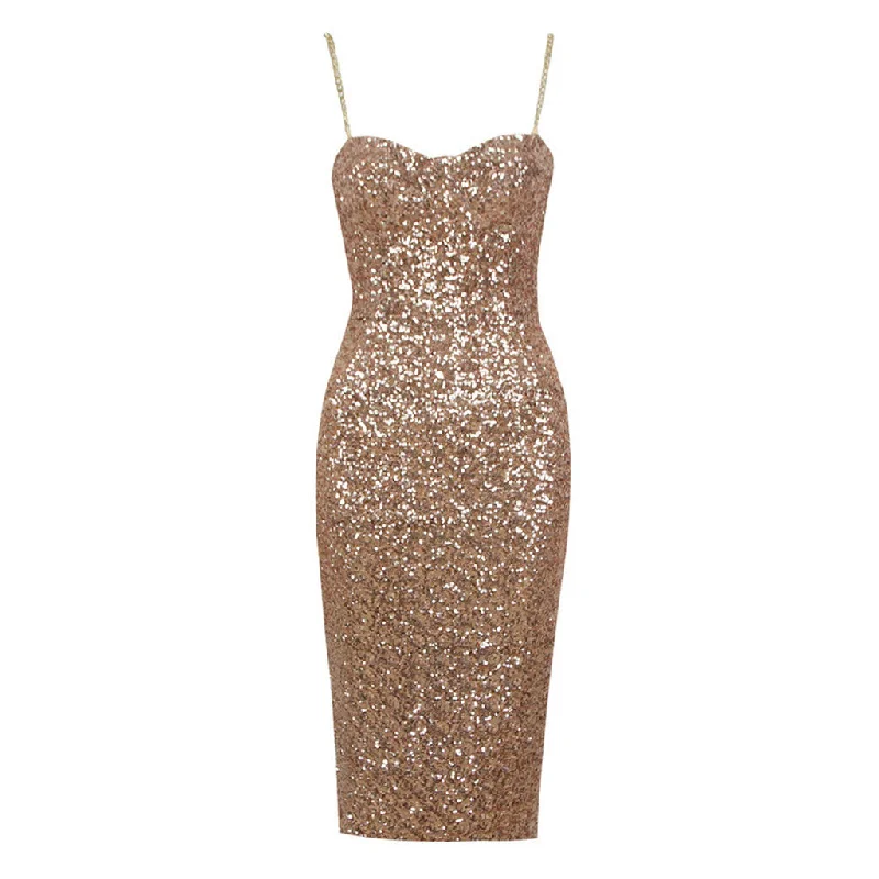 women's maxi dressesSparkly Metallic Chain Strap Sweetheart Bustier Bodycon Sequin Midi Dress