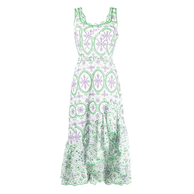 Embellished DressBohemian Floral Broderie Anglaise Asymmetric Hem Square Neck Belted Midi Sundress