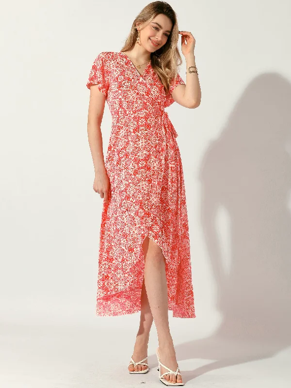 women's beach dressesBoho Floral Flutter Sleeve Summer Beach Wrap Midi Dress