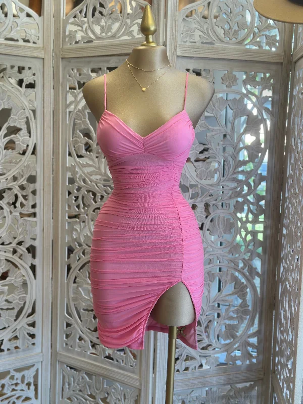 women's boho dressesFlamingo Pink Slit Mini Dress