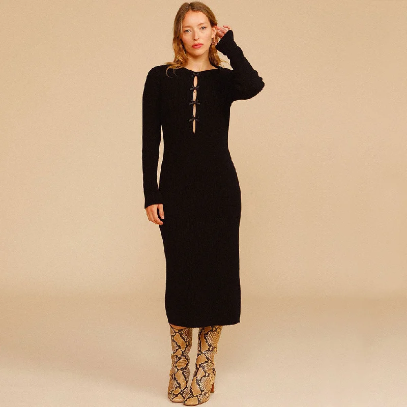 High-Low DressBowknot Trim Cutout Long Sleeve Rib Knit Midi Sweater Dress - Black