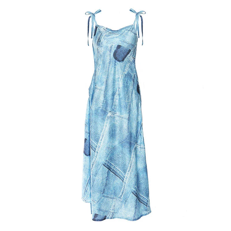 women's made-to-order dressesGraphic Denim Print Cowl Neck Shoulder Tie Side Wrap Slip Midi Dress