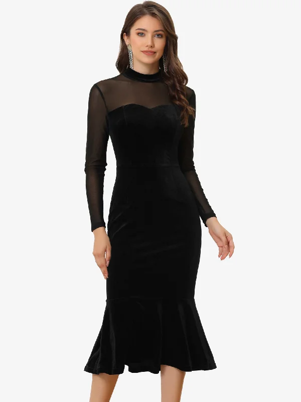 women's trendy dressesBodycon Elegant Velvet Sheer Mesh Mock Neck Midi Cocktail Dress