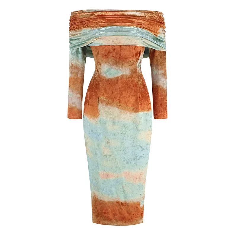 Minimalist DressMagnificent Tie Dye Foldover Off Shoulder Velvet Bodycon Midi Cocktail Dress