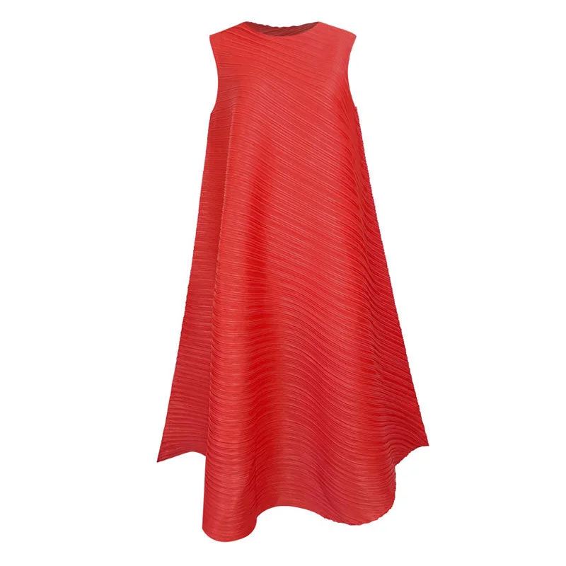 Chic DressArtistic Round Neck A Line Sleeveless Asymmetrical Pleated Midi Dress