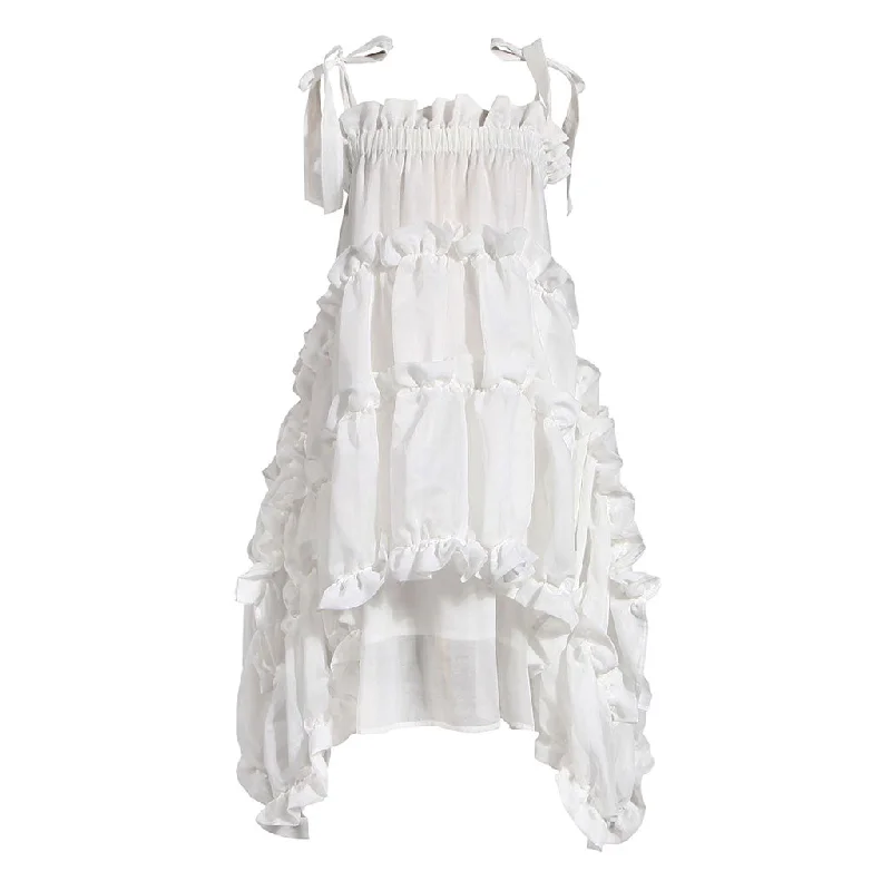 Floral DressAsymmetric Ruffle Tiered Shoulder Tie Chiffon Midi Babydoll Dress