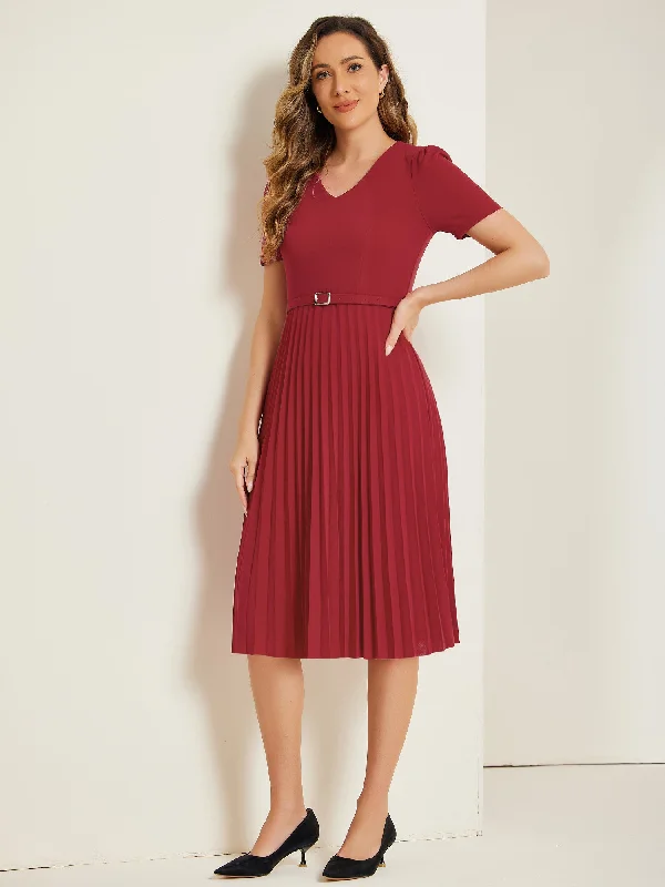 women's travel dressesV-Neck Short Sleeve Belted A-Line Pleated Midi Dress