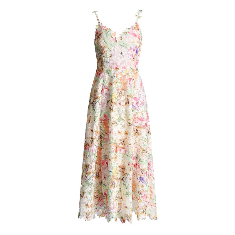 Silk DressFairy Spaghetti Strap V Neck Fit And Flare Floral Guipure Lace Midi Sundress