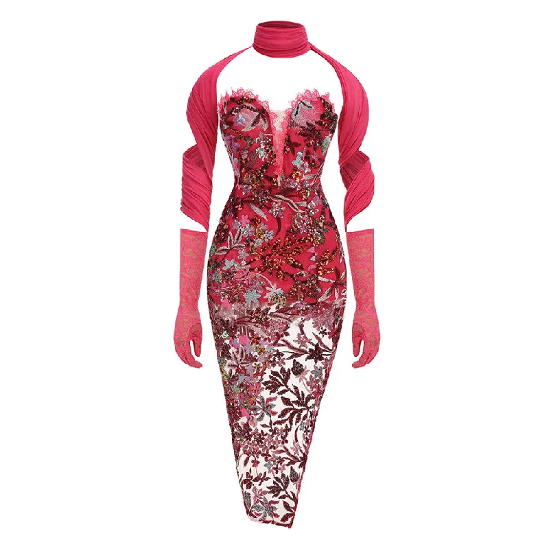 women's evening dressesUnique Gloved Scarf Sequin Floral Embroidered Mesh Eyelash Strapless Midi Dress