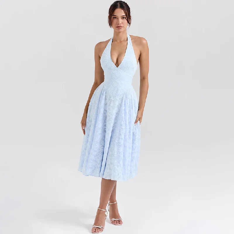 Crepe DressElegant Plunge Halter Sleeveless Drop Waist Floral Jacquard Cocktail Midi Dress