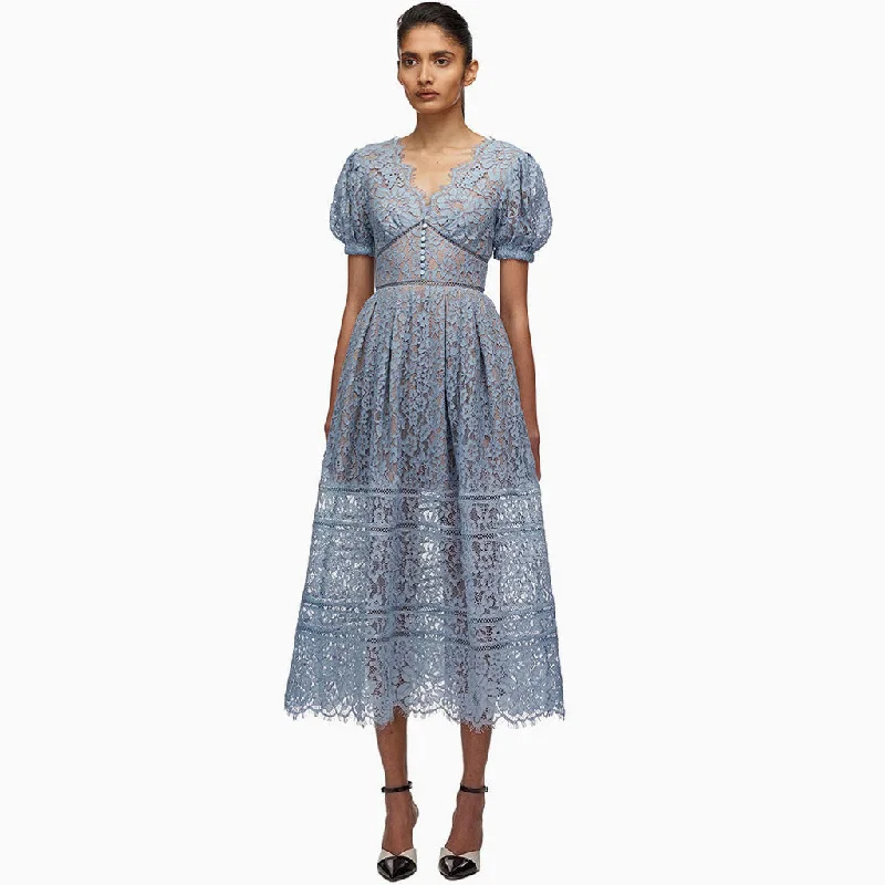 Bridesmaid DressElegant Puff Sleeve V Neck Embroidered Lace Midi Dress - Dusty Blue