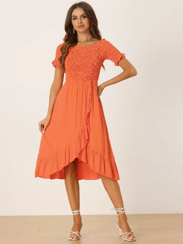 women's handmade dressesSummer Shirred Off Shoulder Ruffle Split Hem Midi Dress