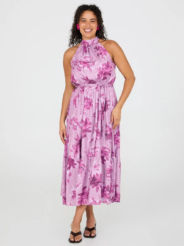 Satin DressFloral Print Halter Neck Satin Maxi Dress