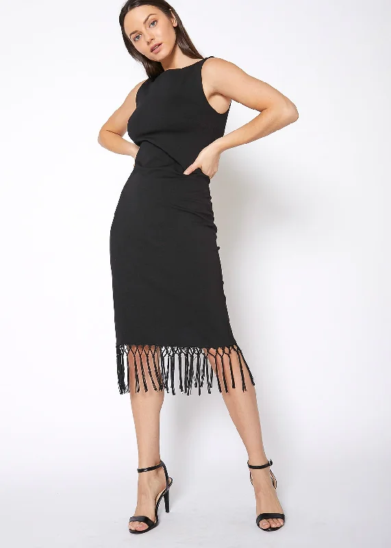 Embellished DressTassel Hem Sleeveless Midi Bodycon Dress in Black