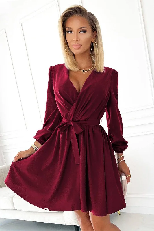 Peter Pan Collar DressNumoco 339-3 BINDY Feminine dress with a neckline - Burgundy