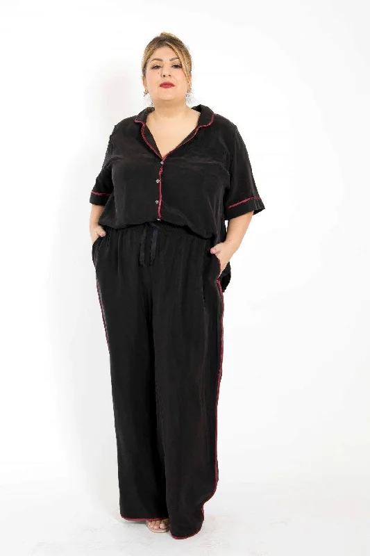 women's patterned pantsLight Sleeper - indoor / outdoor pajamas - Black with wine piping