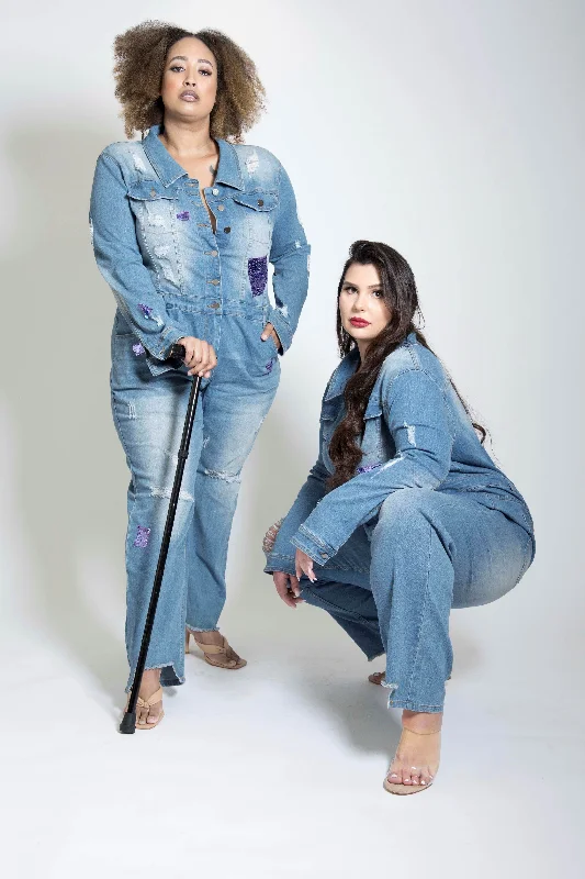 women's mini pantsMona's denim jumpsuit - plus size denim jumpsuit with sequins