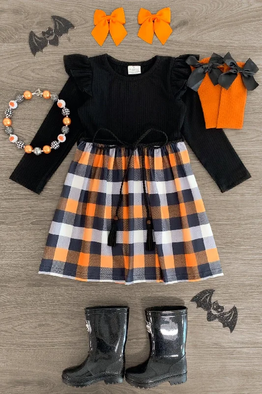 women's halter dressesBlack & Orange Plaid Dress