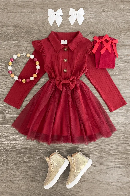 Ruffled Hem DressBurgundy Tulle Collar Dress