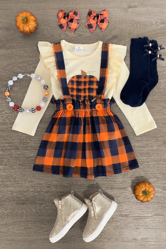 women's long-sleeved dressesOrange Plaid Pumpkin Suspender Skirt Set