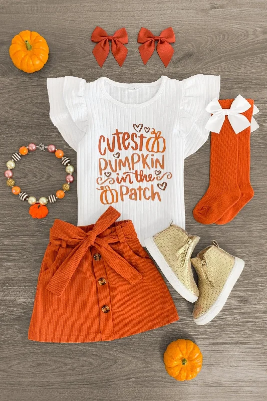 women's boho dresses"Cutest Pumpkin In The Patch" Orange Corduroy Skirt Set