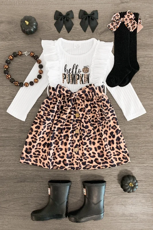 Cold-Shoulder Dress"Hello Pumpkin" Leopard Pocket Dress