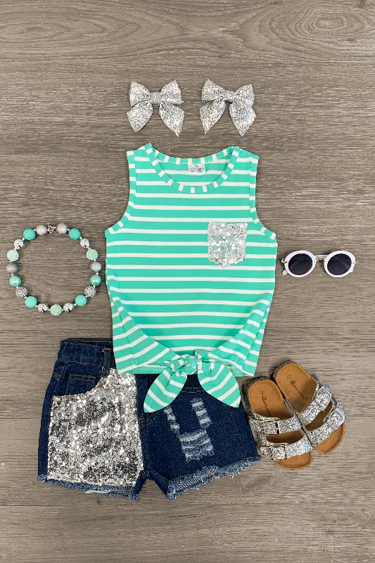 Neon DressMint Striped Tie Tank Denim Short Set