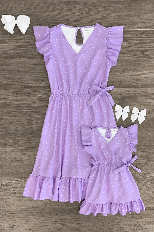 Glamour DressMom & Me - Lavender Polka Dot Ruffle Dress