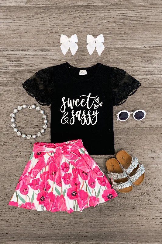 Striped Dress"Sweet & Sassy" Black & Pink Floral Skirt Set