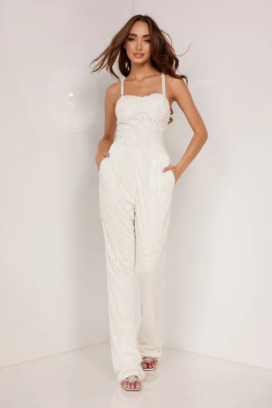 women's jumpsuits with self-ties at the waistAleta 1098 Sequin Long Formal Prom Beaded Jumpsuit