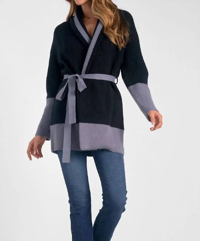 Wholesale Chunky SweatersBelted Color Block Cardigan In Black/grey