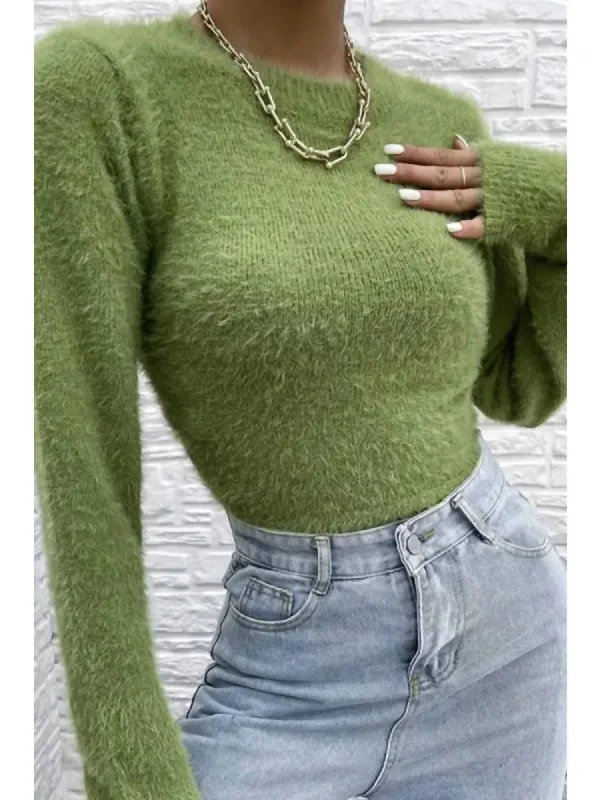 Wholesale Affordable Women's SweatersFuzzy Open Back Sweater In Green