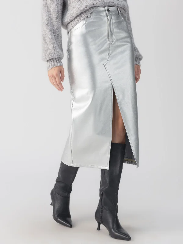 women's chic wrap skirtsLeather Like Midi Skirt Silver